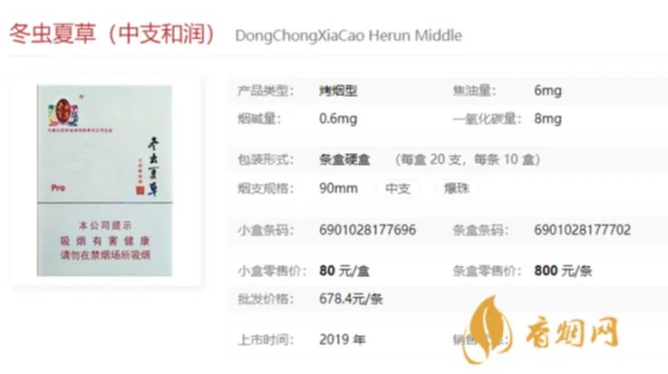 冬虫夏草香烟中支什么价 2021冬虫夏草香烟中支图片及报价